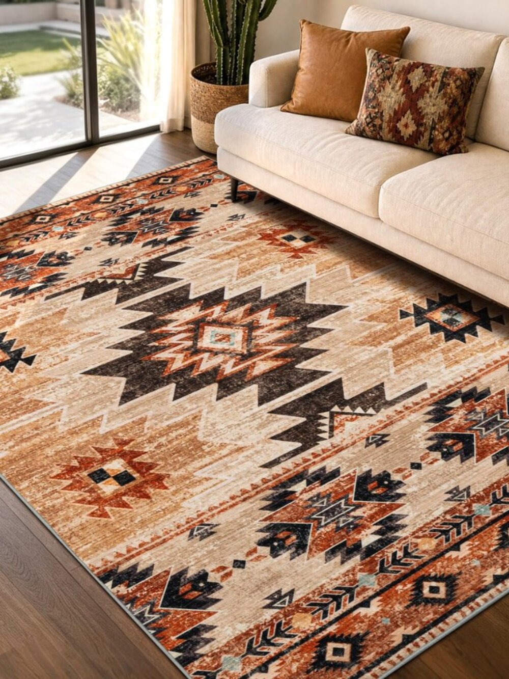 5’x7’ Washable Western Aztec Area Rug for Living Room, Terracotta